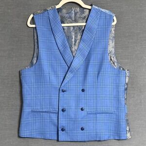 EJ Samuel Suit Vest Waistcoat 42R Blue Plaid Italy Tessuto Wool Double Breasted